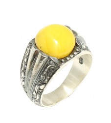 Silver Hand Carved Men Ring Round Amber - 6