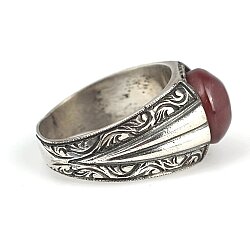 Silver Hand Carved Men Ring Round Amber - 3