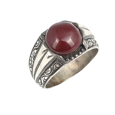 Silver Hand Carved Men Ring Round Amber - 2