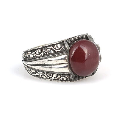 Silver Hand Carved Men Ring Round Amber - 5