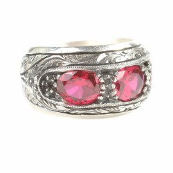 Silver Hand-carved Men's Ring with Synthetic Ruby - 3