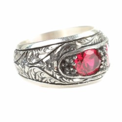 Silver Hand-carved Men's Ring with Synthetic Ruby - 4