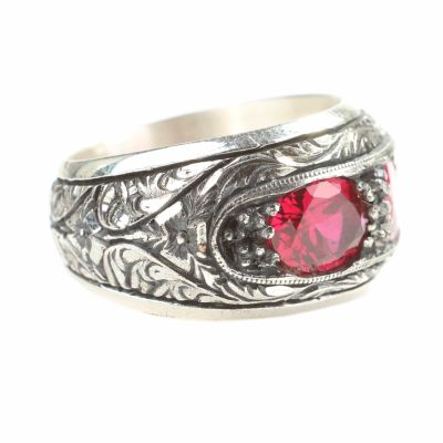 Silver Hand-carved Men's Ring with Synthetic Ruby - 4