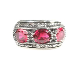 Silver Hand-carved Men's Ring with Synthetic Ruby - 5