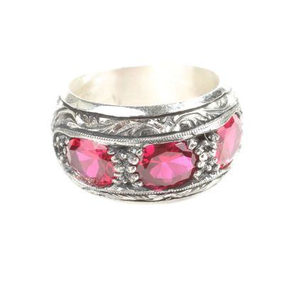 Silver Hand-carved Men's Ring with Synthetic Ruby - 6
