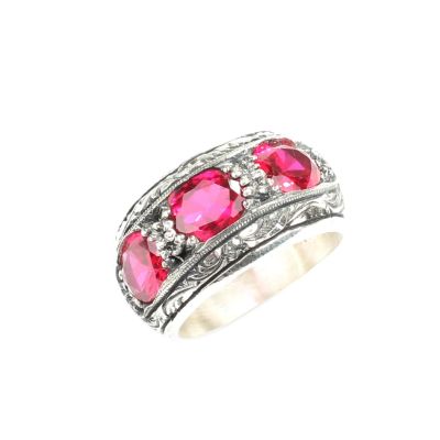 Silver Hand-carved Men's Ring with Synthetic Ruby - 7