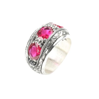 Silver Hand-carved Men's Ring with Synthetic Ruby - 2