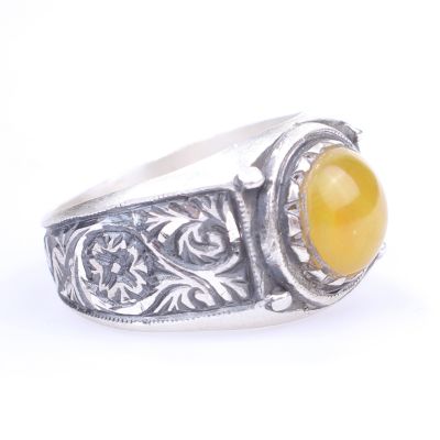 Silver Hand-carved Ring with Amber - 6