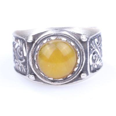 Silver Hand-carved Ring with Amber - 8