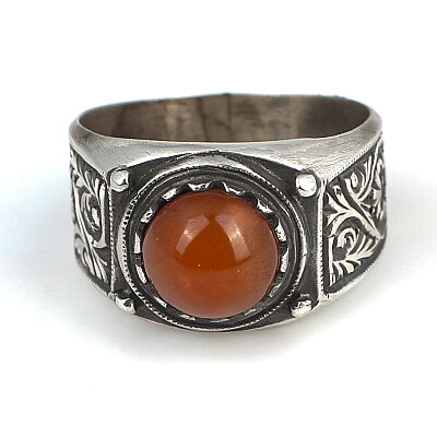 Silver Hand-carved Ring with Amber - 3