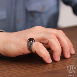 Silver Men Ring with Square Onyx - 11