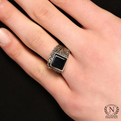Silver Men Ring with Square Onyx - 8