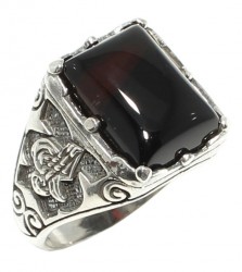 Silver Tugra Design Men Ring with Onyx - 6