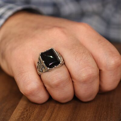 Silver Tugra Design Men Ring with Onyx - 1