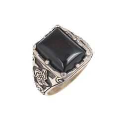 Silver Tugra Design Men Ring with Onyx - 4