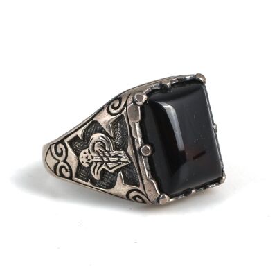 Silver Tugra Design Men Ring with Onyx - 2