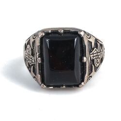 Silver Tugra Design Men Ring with Onyx - 3