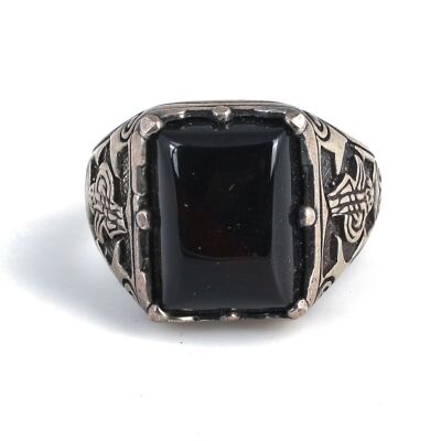 Silver Tugra Design Men Ring with Onyx - 3