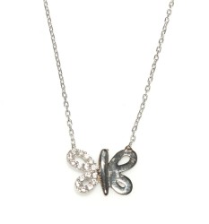 Sterling Silver Butterfly Necklace with White & Black CZ - 7