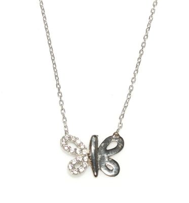 Sterling Silver Butterfly Necklace with White & Black CZ - 7