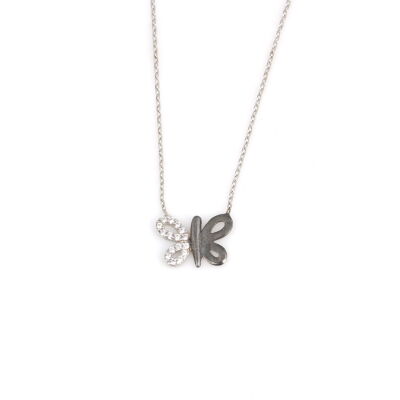 Sterling Silver Butterfly Necklace with White & Black CZ - 2
