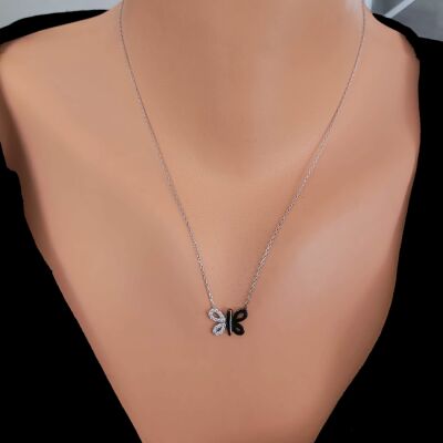 Sterling Silver Butterfly Necklace with White & Black CZ - 1