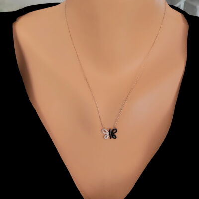 Sterling Silver Butterfly Necklace with White & Black CZ - 3