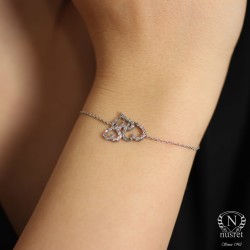 Sterling Silver Hand Carved Three Hearts Bracelet, White Gold Plated - 7