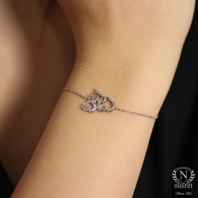 Sterling Silver Hand Carved Three Hearts Bracelet, White Gold Plated - 7