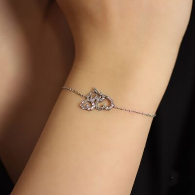 Sterling Silver Hand Carved Three Hearts Bracelet, White Gold Plated - 1