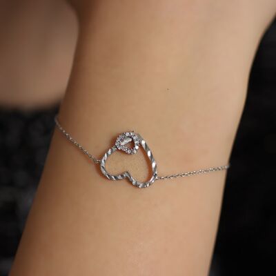 Sterling Silver Hand Carved Two Hearts Bracelet, White Gold Plated - 1
