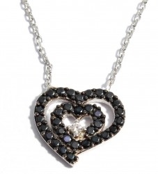 Sterling Silver Nested Heart Necklace with Black Cz - 10