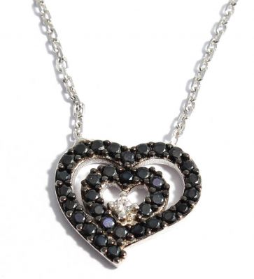 Sterling Silver Nested Heart Necklace with Black Cz - 10