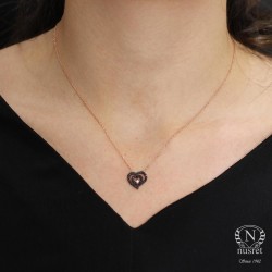Sterling Silver Nested Heart Necklace with Black Cz - 7