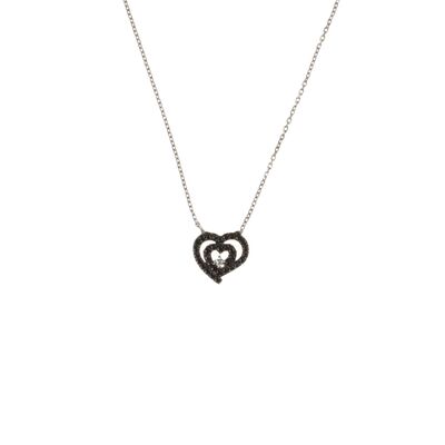 Sterling Silver Nested Heart Necklace with Black Cz - 9