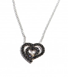 Sterling Silver Nested Heart Necklace with Black Cz - 11
