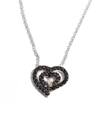 Sterling Silver Nested Heart Necklace with Black Cz - 11