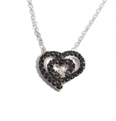 Sterling Silver Nested Heart Necklace with Black Cz - 12