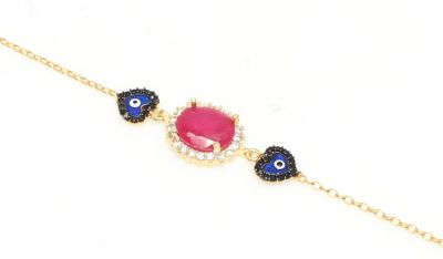 Sterling Silver Hearts Pink Bracelet, Gold Vermeil - 4