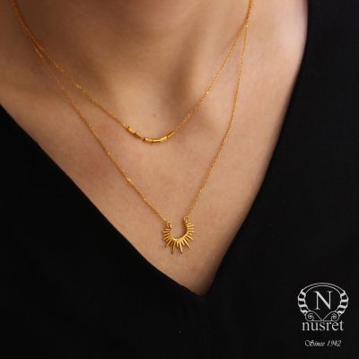 Sterling Silver Sun & Bars Set Double Necklaces, Gold Plated - 3
