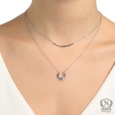 Sterling Silver Sun & Bars Set Double Necklaces, Gold Plated - 5