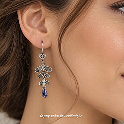 Leaf Design 925 Silver Dangle Filigree Earrings with Shiny Amethyst - Nusrettaki (1)