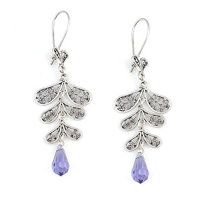 Swarovski Ametist Taşlı Yaprak Motifli Sallantılı 925 Ayar Gümüş Telkari Küpe - 1