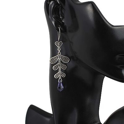 Swarovski Ametist Taşlı Yaprak Motifli Sallantılı 925 Ayar Gümüş Telkari Küpe - 3