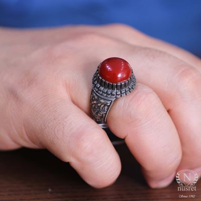 Yuvarlak Sarı Kehribar Taşlı 925 Ayar Gümüş El Kalemli Yüzük - 1