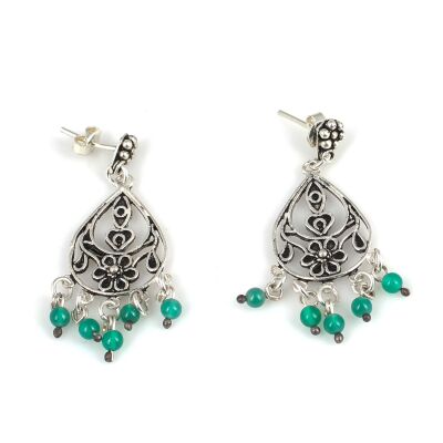 925 Silver Middle Flowered Dangle Filigree Earrings with Emerald - 1